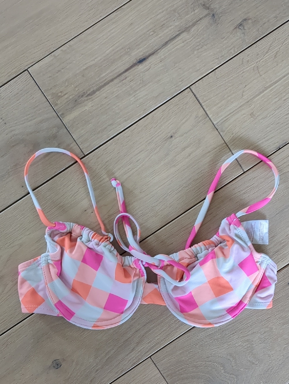 Small No Boundaries Plaid Pink Orange Bikini Swim Top Beach Pool